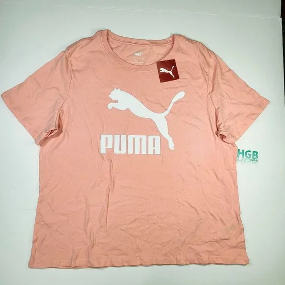 Puma Classic Logo T-Shirt Women's Short Sleeve Running Plus Size Peach TL59296 - Picture 1 of 4